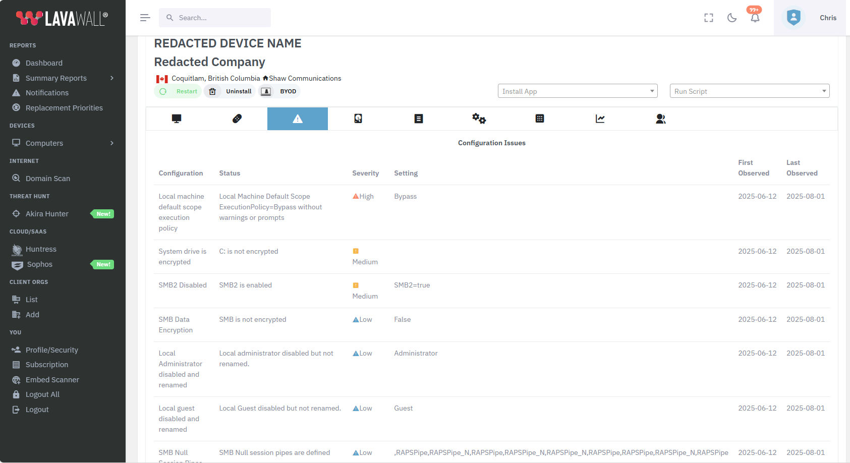 Lavawall® dashboard showing patch and configuration status